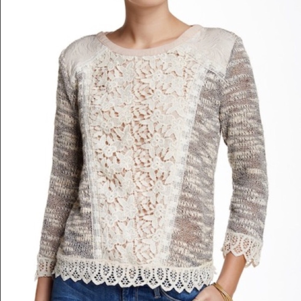 Anthropologie Champagne and  Strawberry sz Small Cream & Blush Pink Lace Sweater